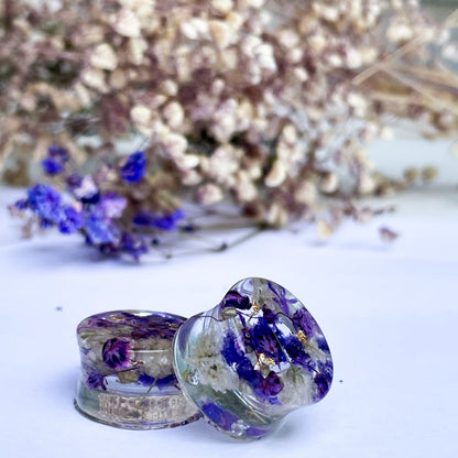 Purple and White transparent ear gauges