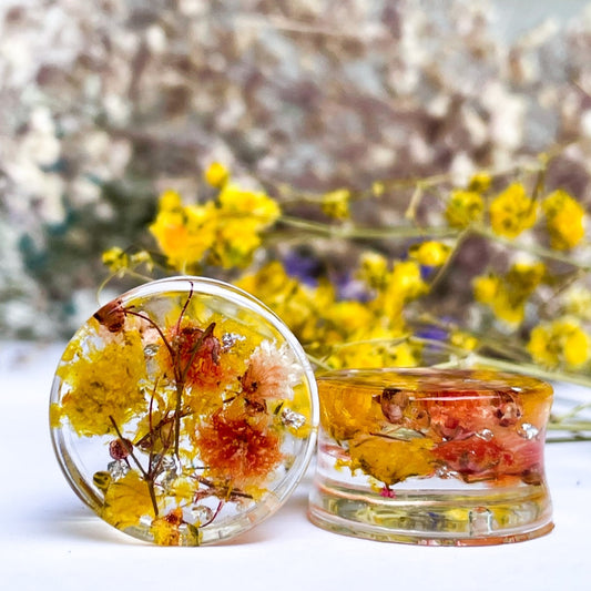 Yellow and Orange flower ear gauges