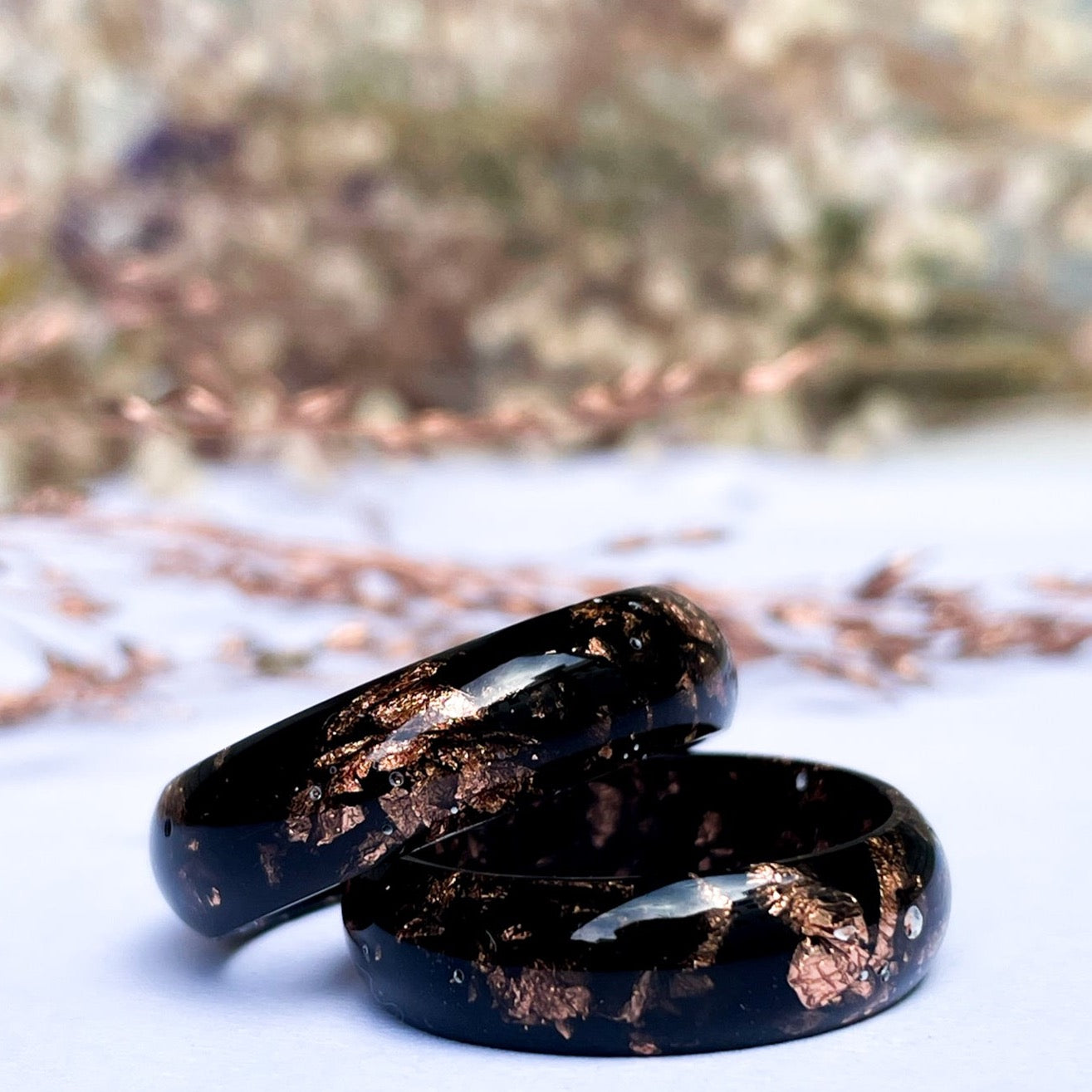 unique Black resin ring with rose gold colour flakes