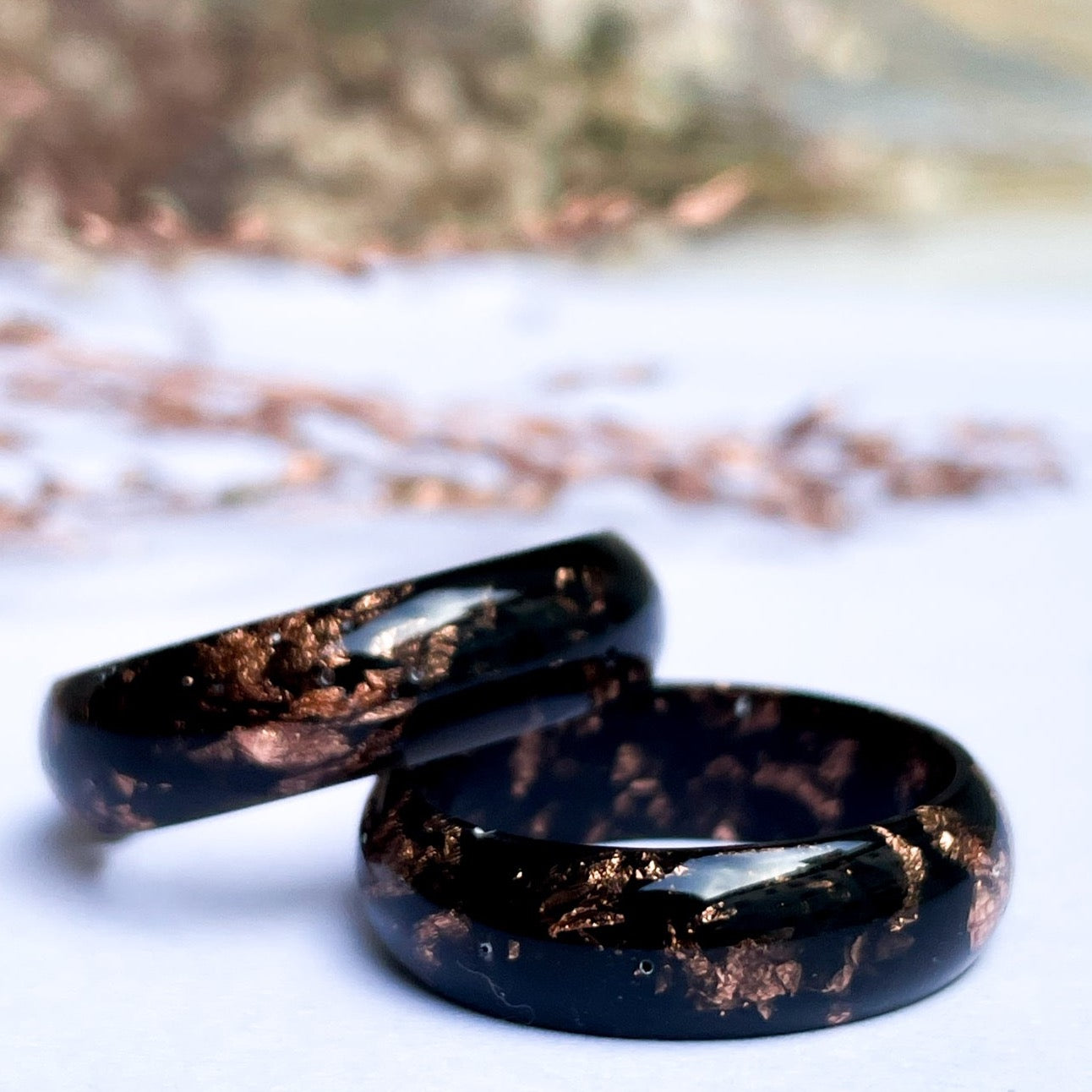 unique Black resin ring with rose gold colour flakes