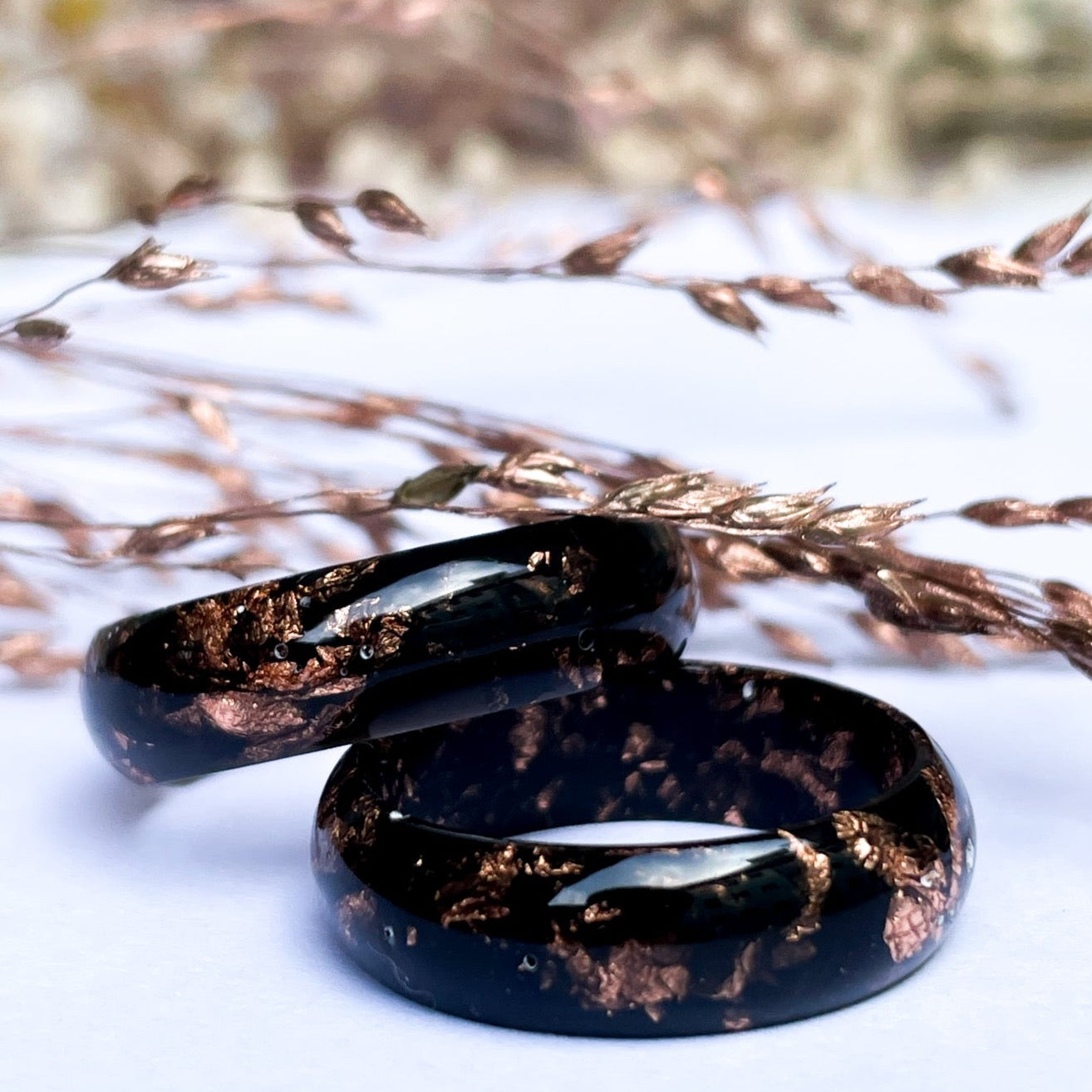 unique Black resin ring with rose gold colour flakes