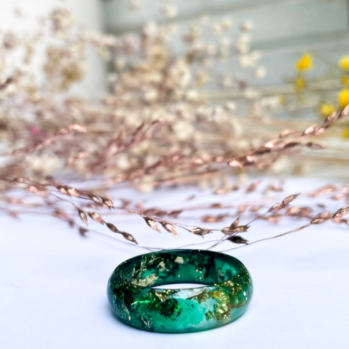 unique Dark Green resin ring with gold colour flakes