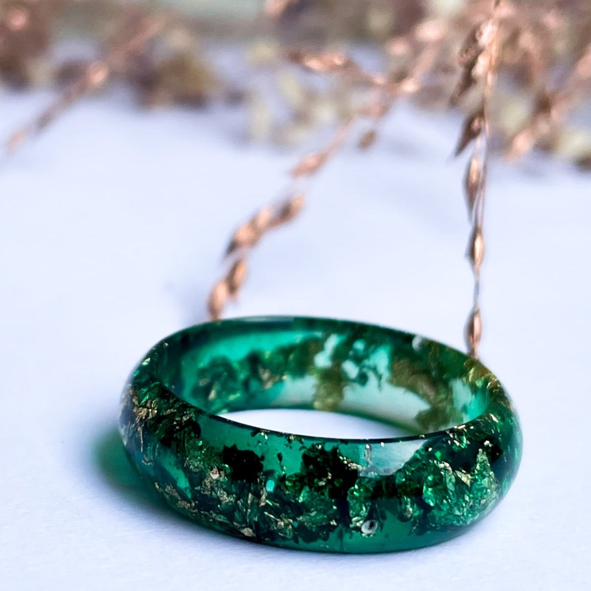 unique Dark Green resin ring with gold colour flakes