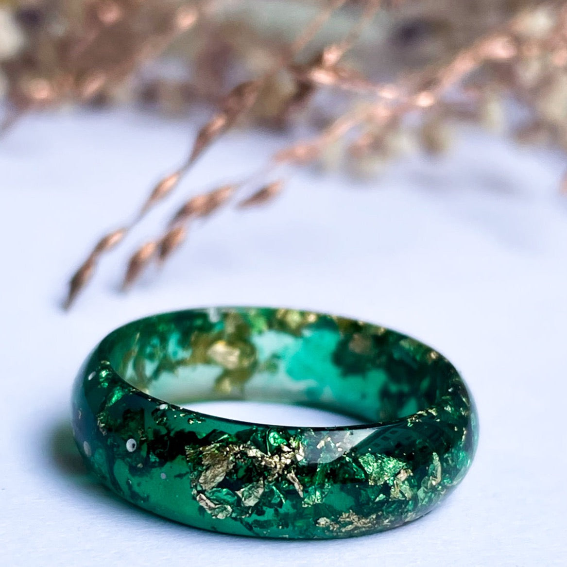 unique Dark Green resin ring with gold colour flakes