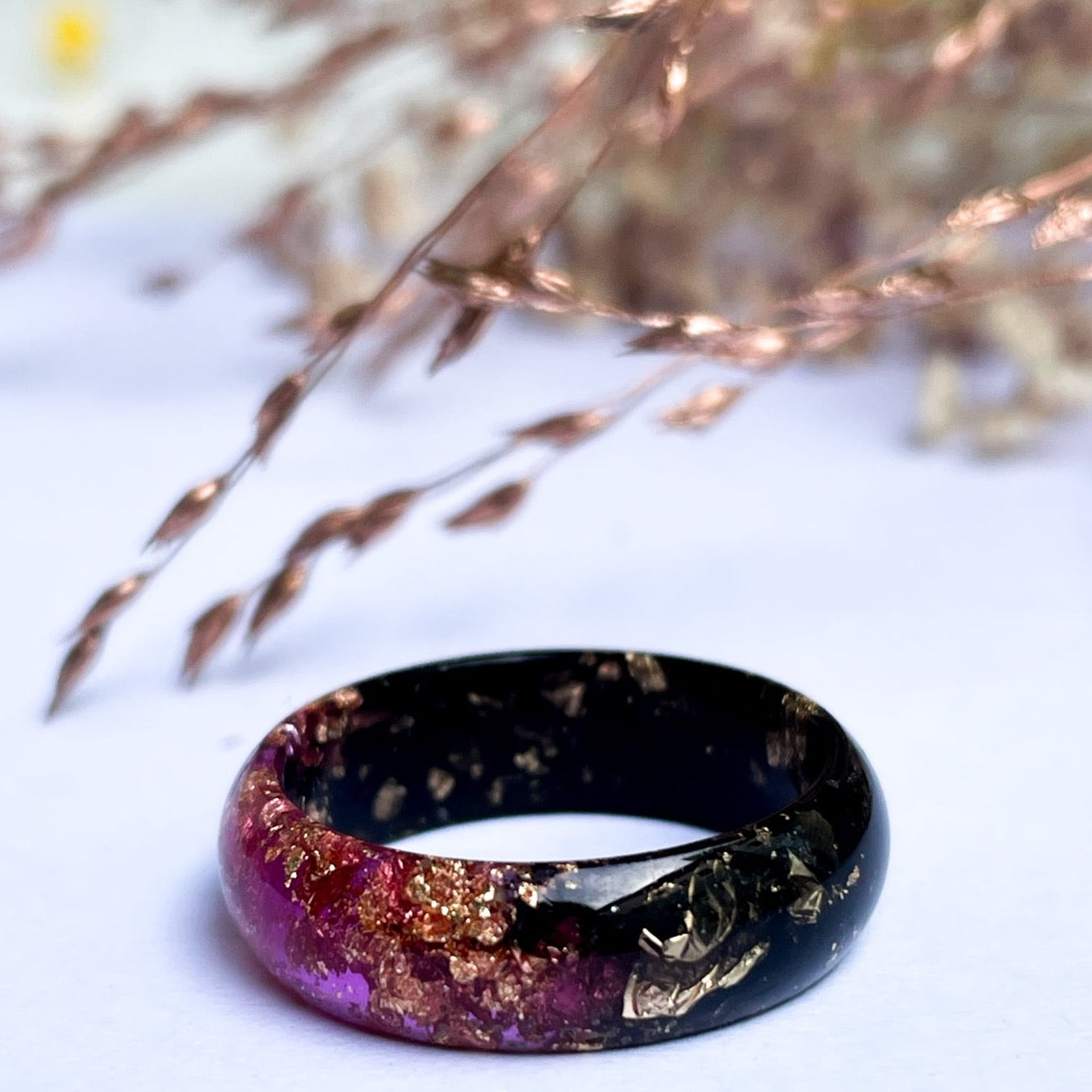 unique Black and Pink resin ring with gold colour flakes