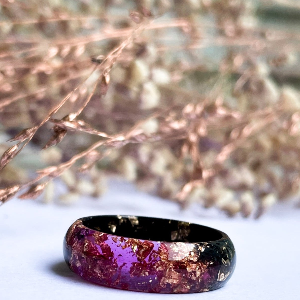 unique Black and Pink resin ring with gold colour flakes