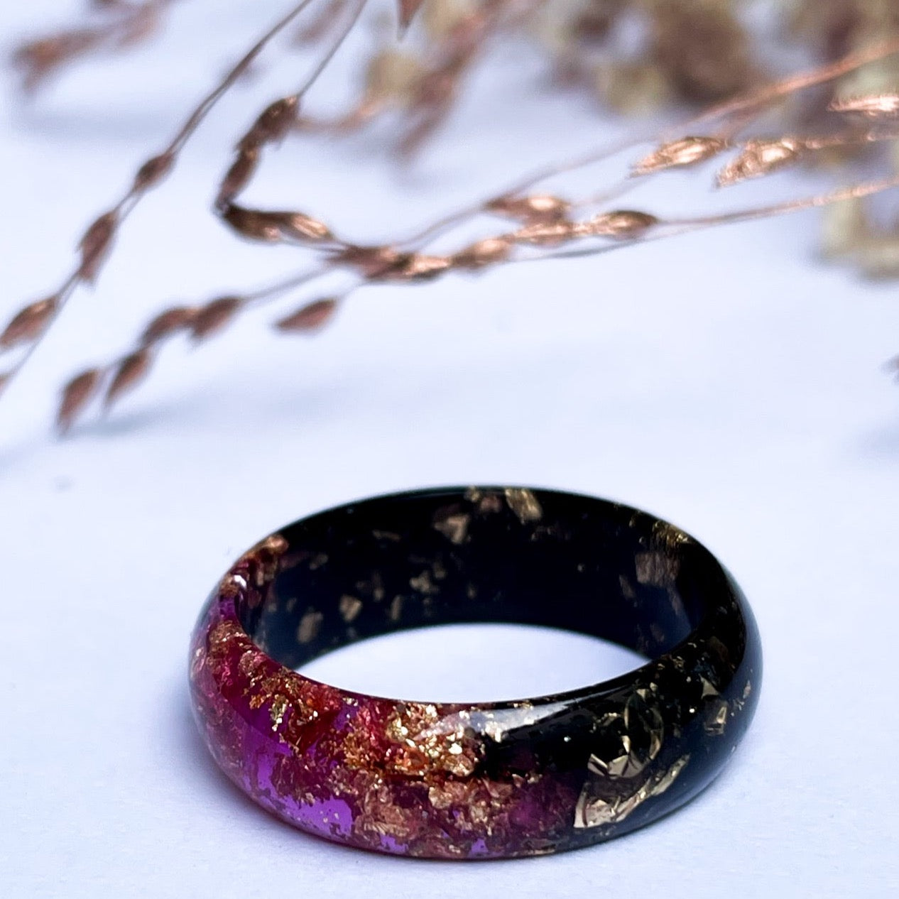 unique Black and Pink resin ring with gold colour flakes