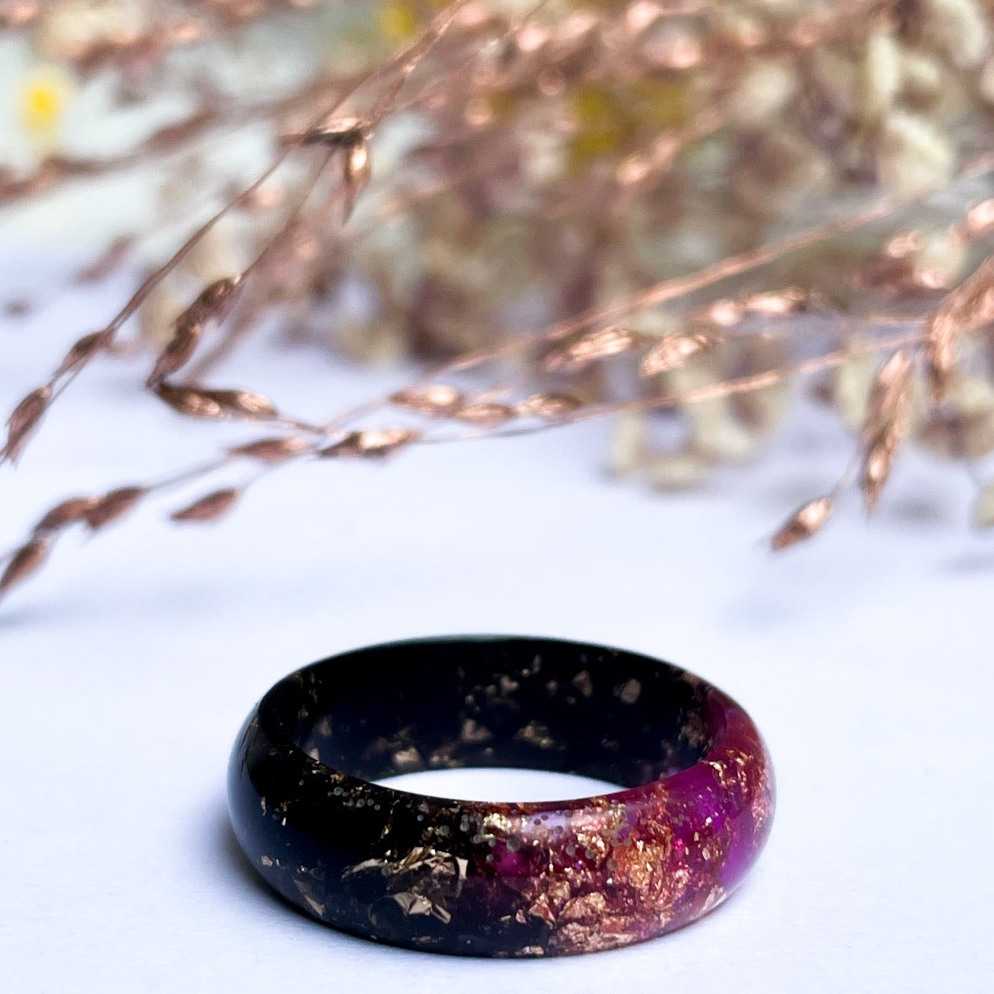 unique Black and Pink resin ring with gold colour flakes