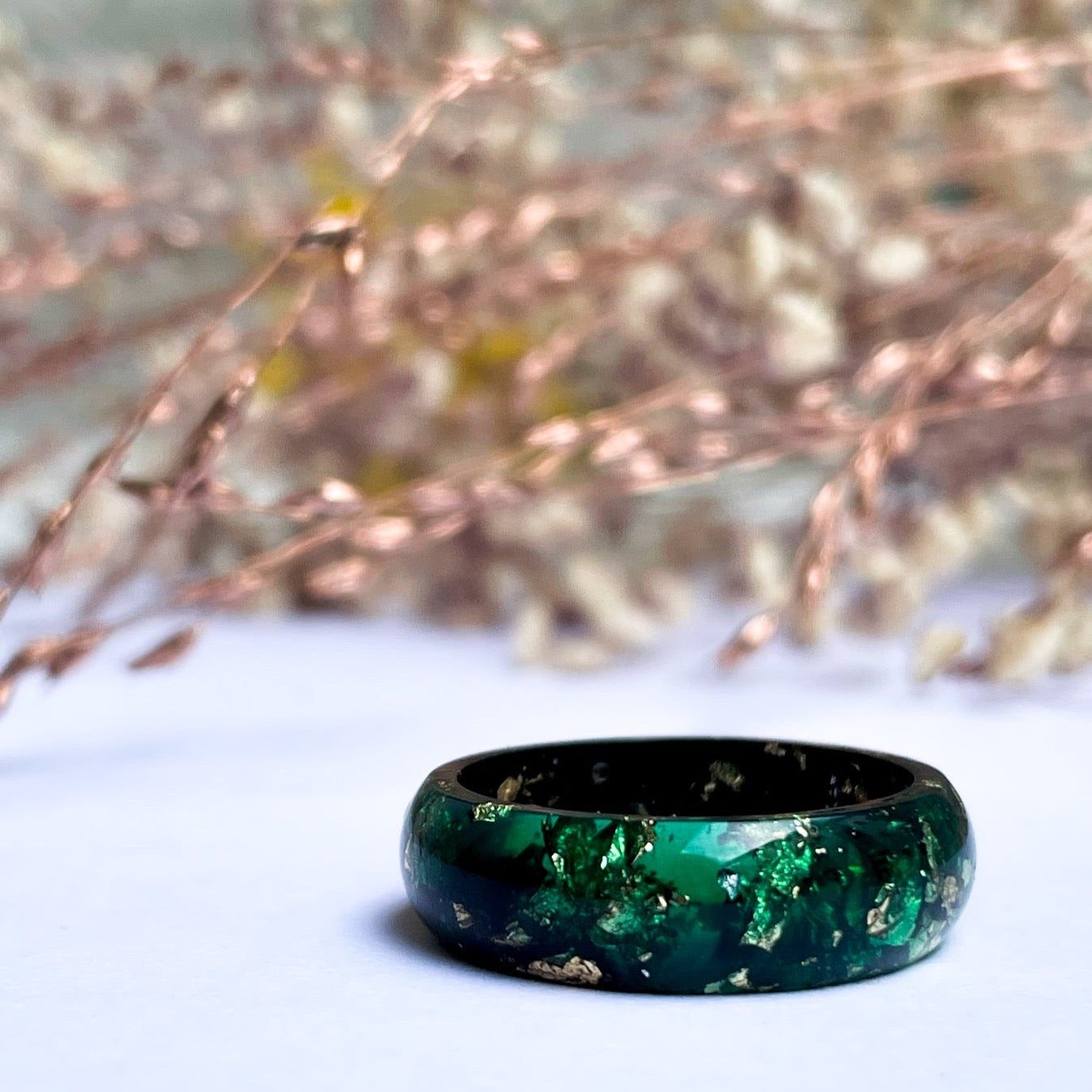 unique Dark Green resin ring with gold colour flakes