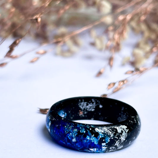 unique Black and Dark Blue resin ring with silver colour flakes