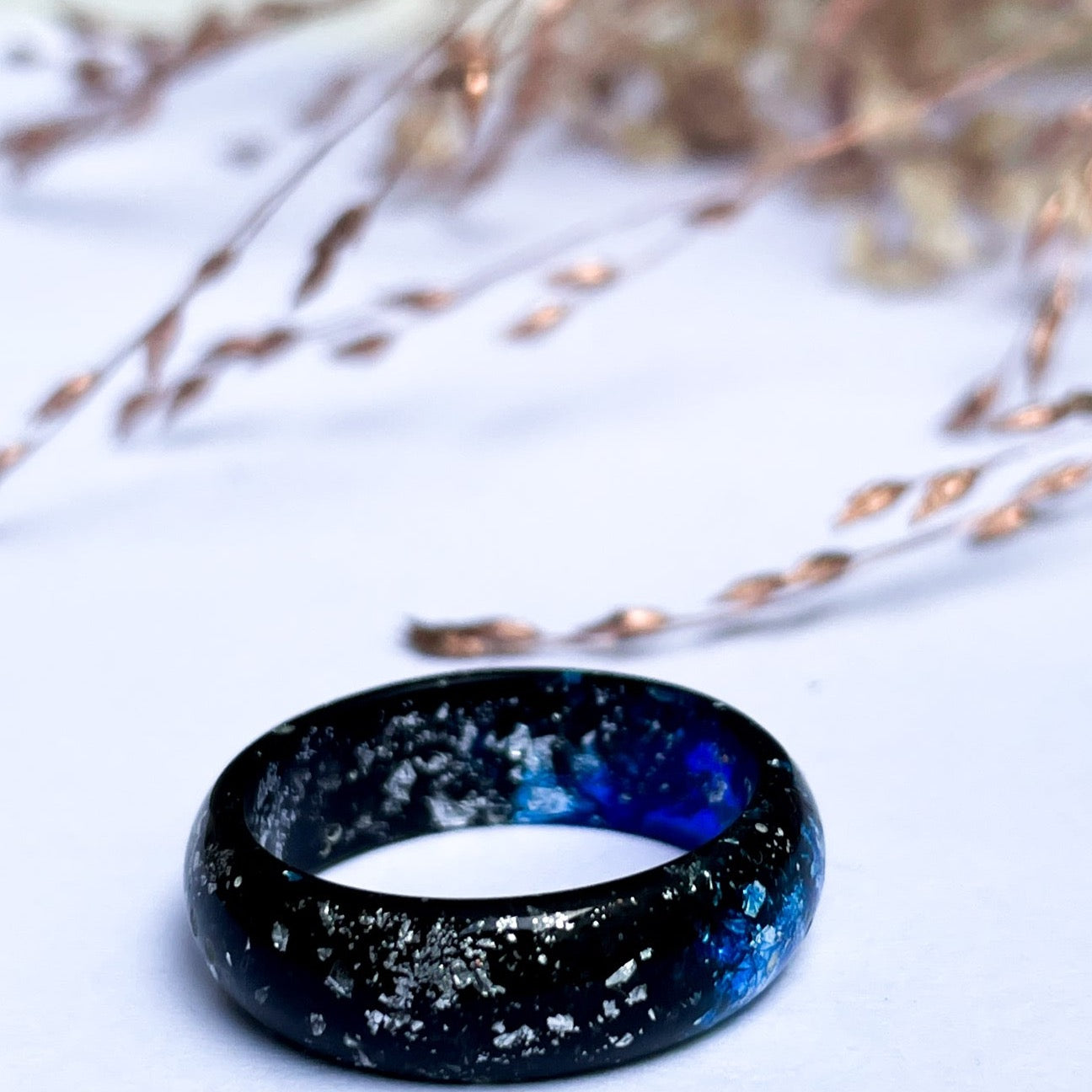 unique Black and Dark Blue resin ring with silver colour flakes