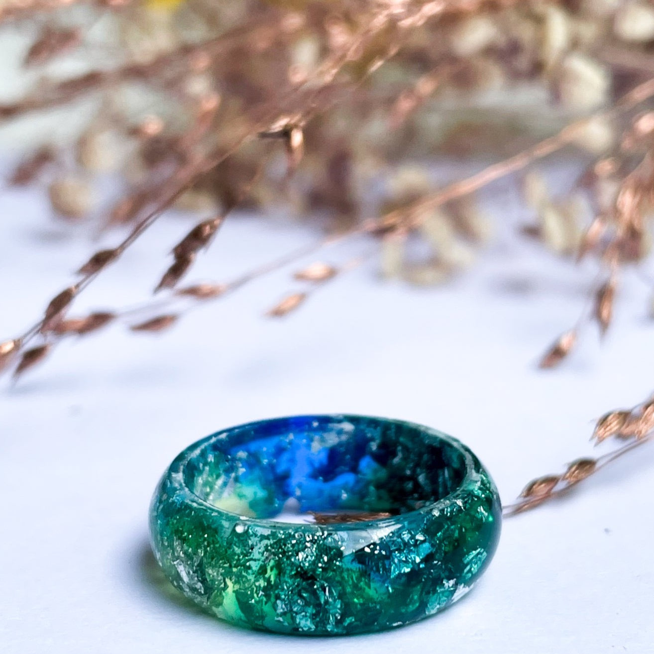 unique Green and Blue resin ring with silver colour flakes