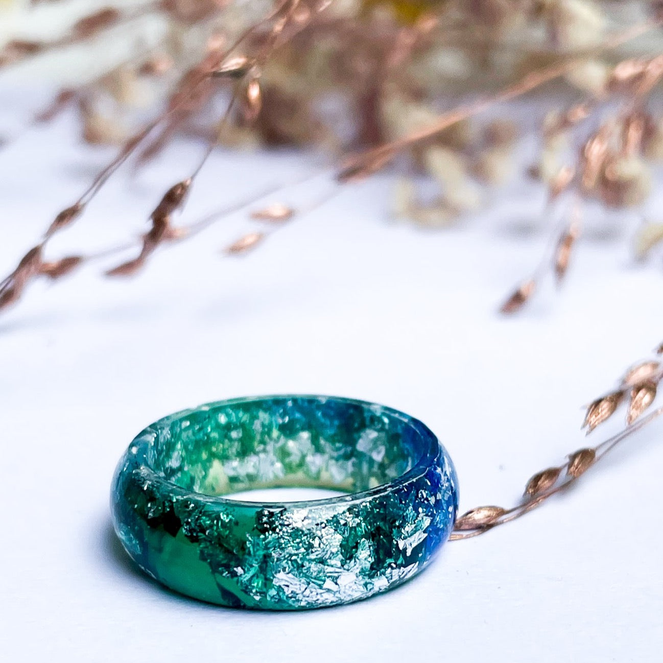 unique Green and Blue resin ring with silver colour flakes