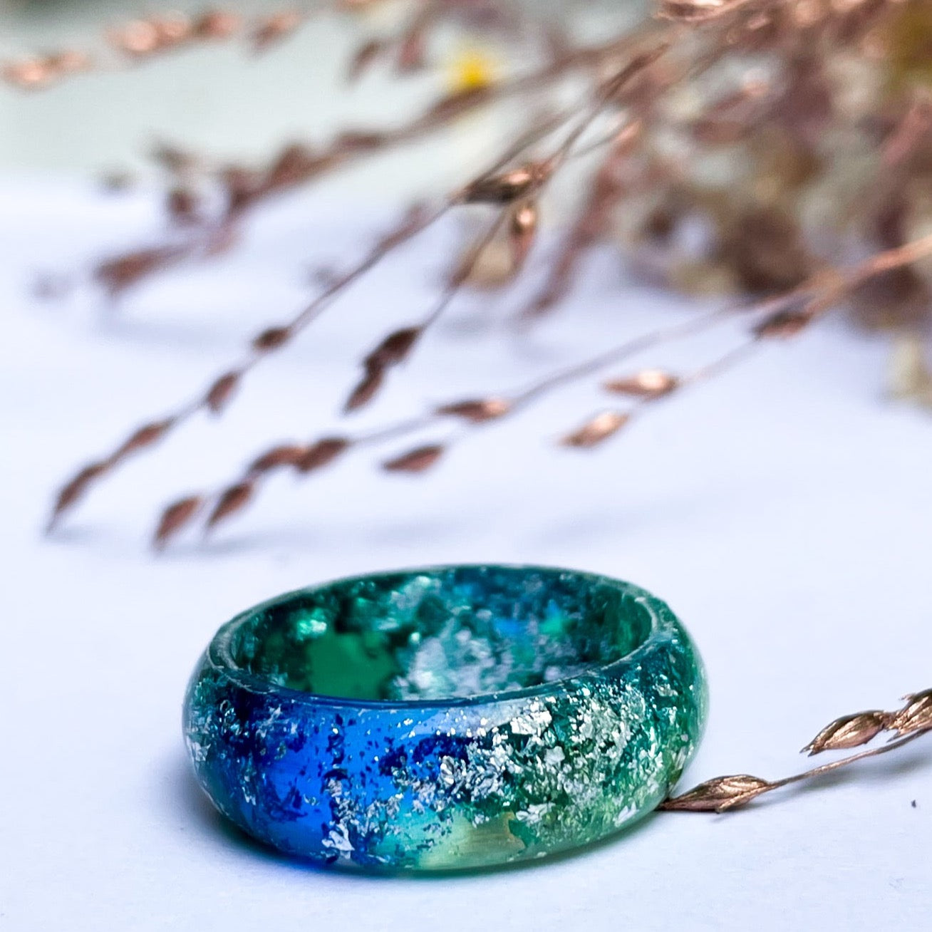 unique Green and Blue resin ring with silver colour flakes