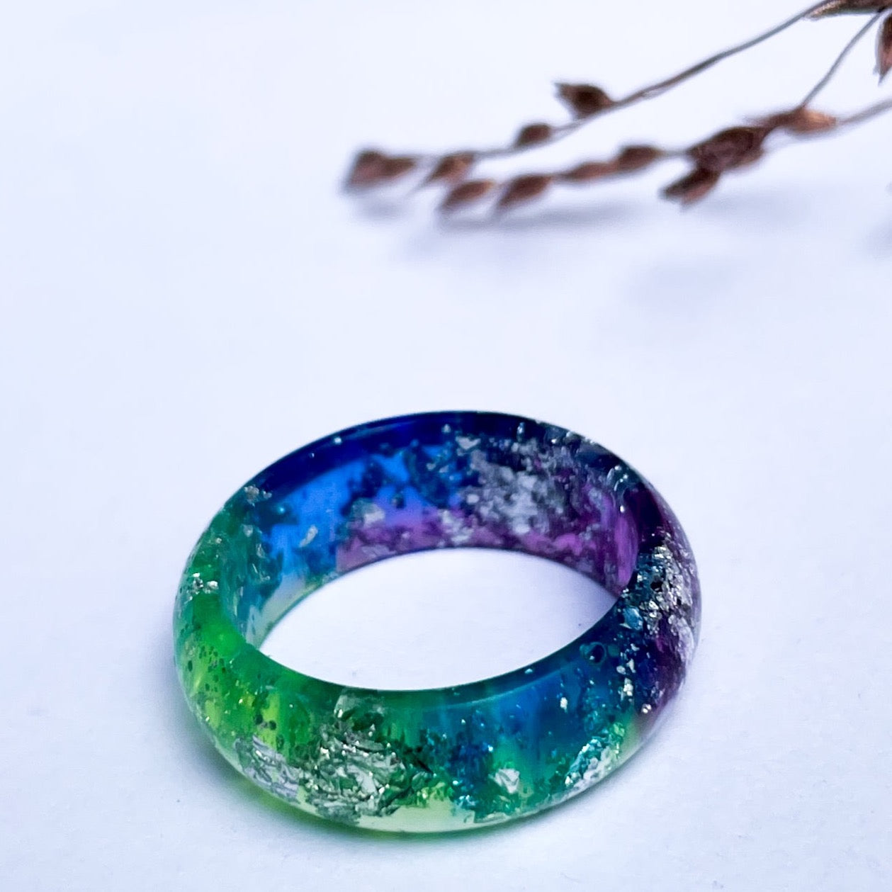 unique Green and Blue resin ring with silver colour flakes