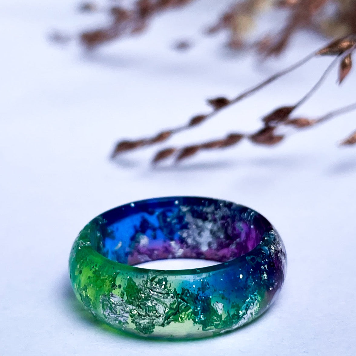 unique Green and Blue resin ring with silver colour flakes