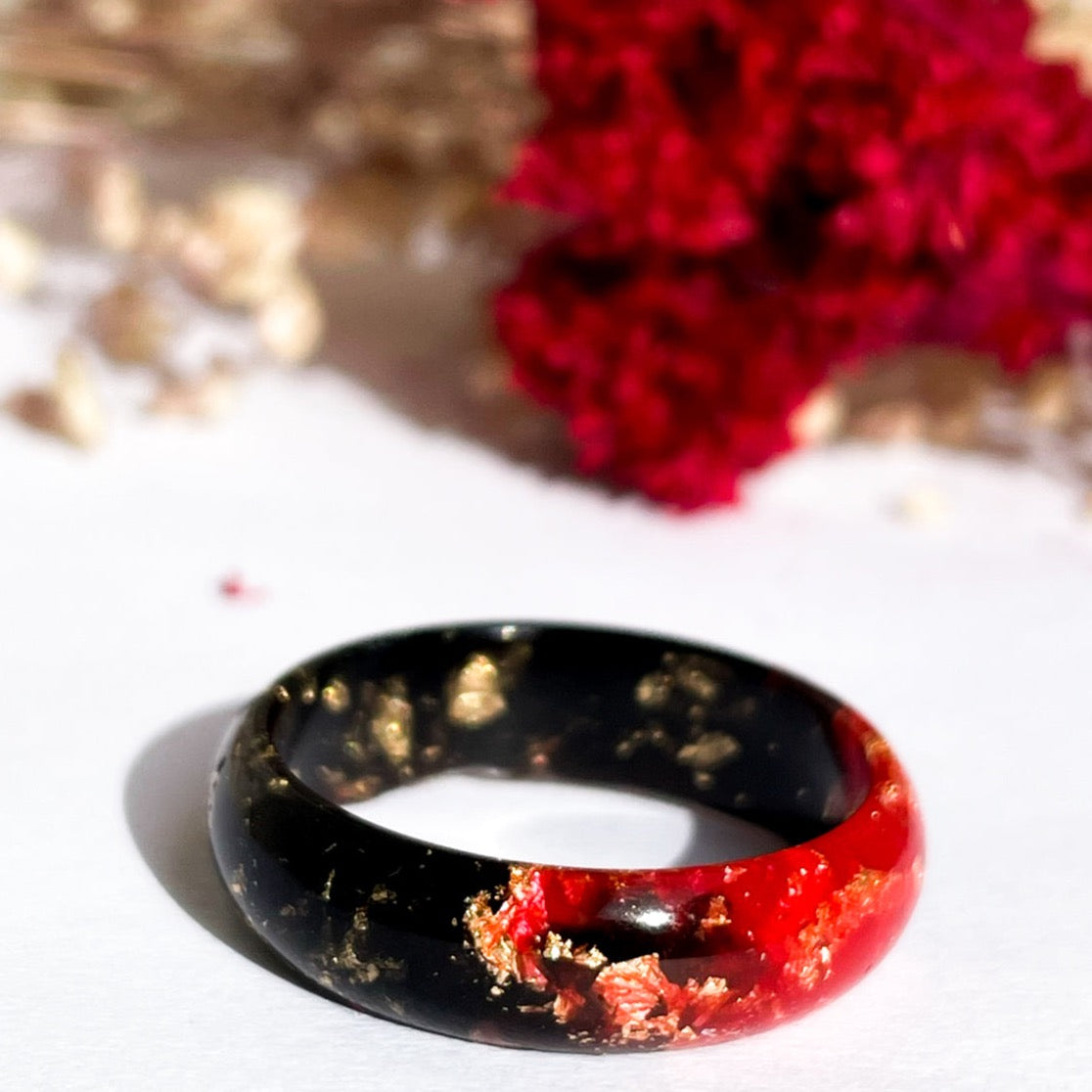 unique Red and Black resin ring with gold colour flakes