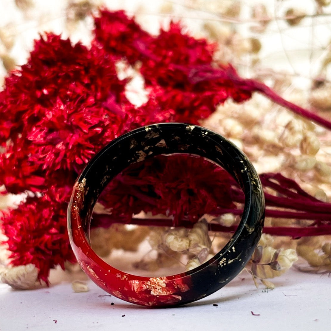 unique Red and Black resin ring with gold colour flakes