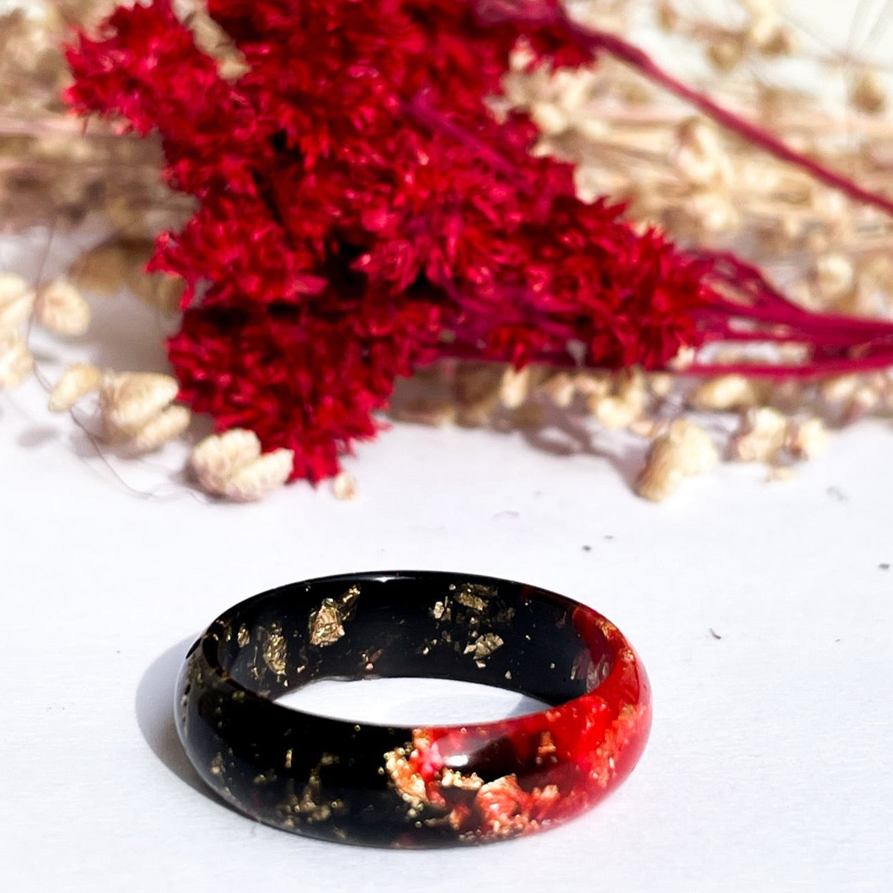 unique Red and Black resin ring with gold colour flakes