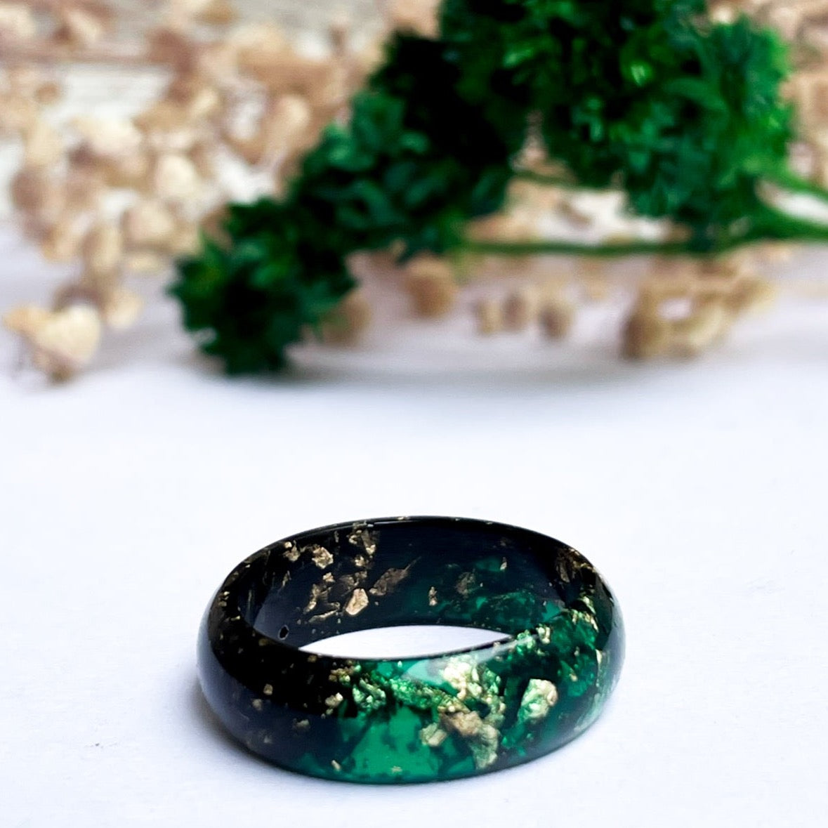 unique Green and Black resin ring with gold colour flakes