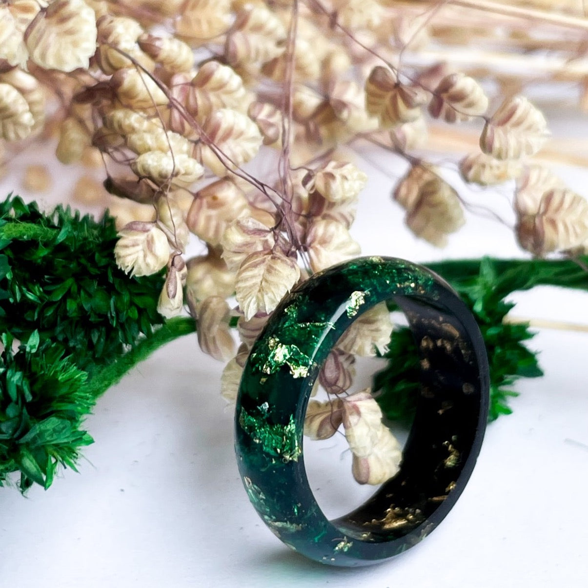 unique Green and Black resin ring with gold colour flakes