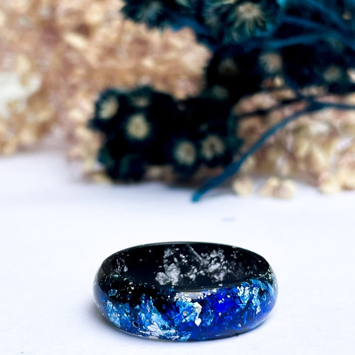 unique Black and Dark Blue resin ring with silver colour flakes