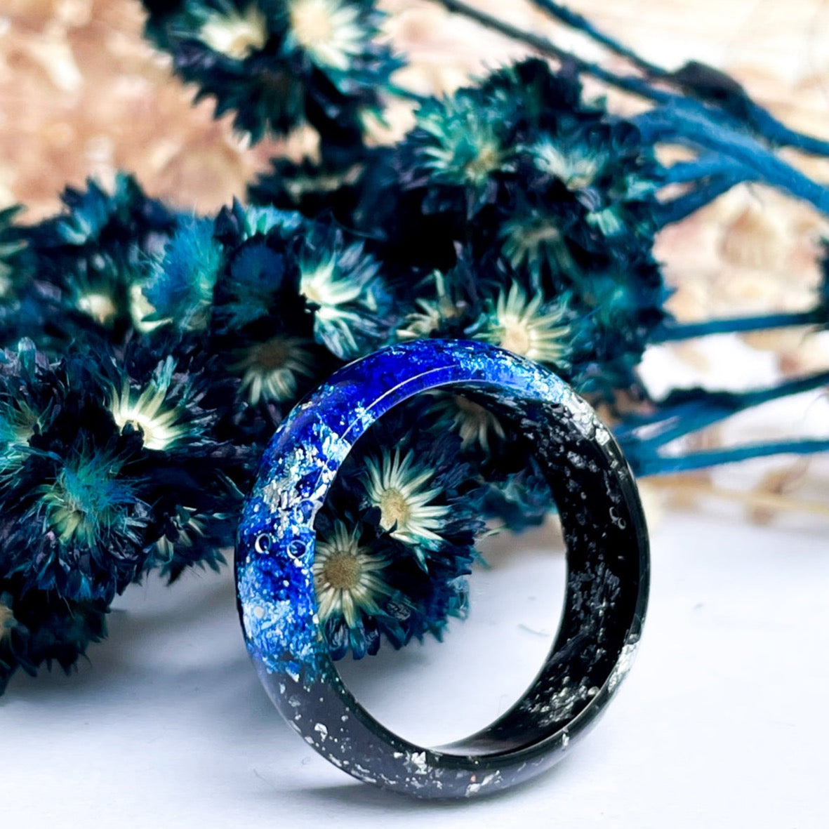 unique Black and Dark Blue resin ring with silver colour flakes