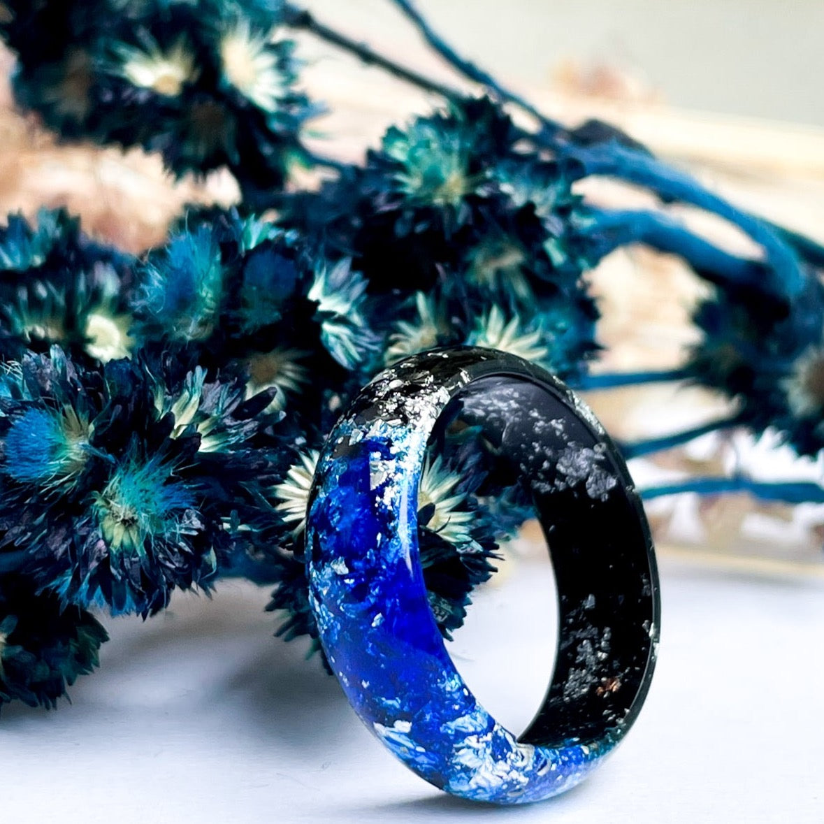 unique Black and Dark Blue resin ring with silver colour flakes