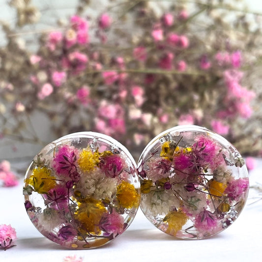 Pink, yellow and white flower transparent ear gauges