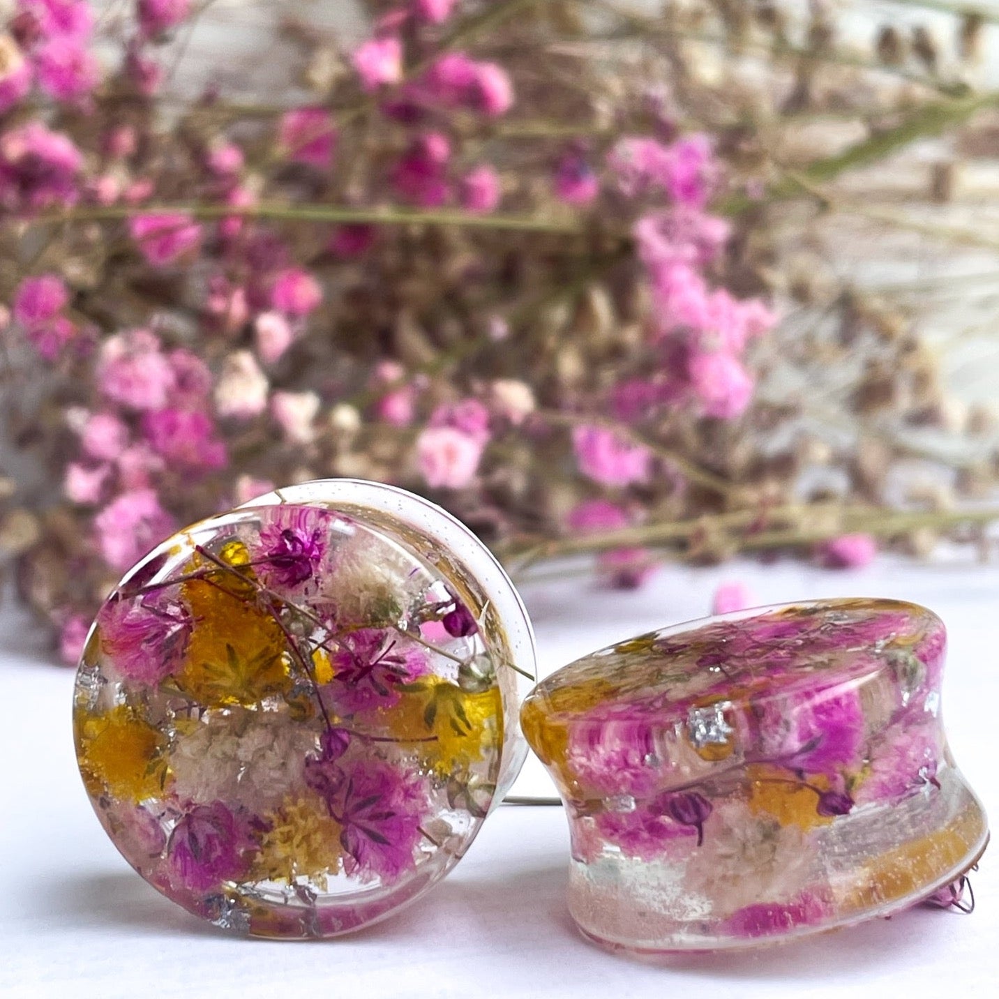Pink, yellow and white flower transparent ear gauges