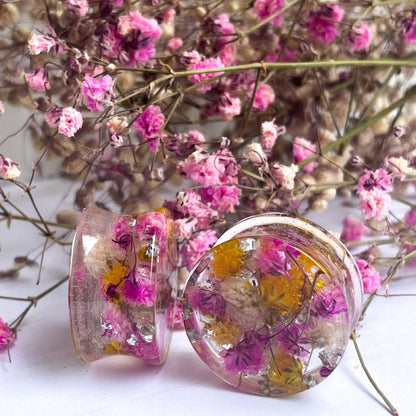 Pink, yellow and white flower transparent ear gauges