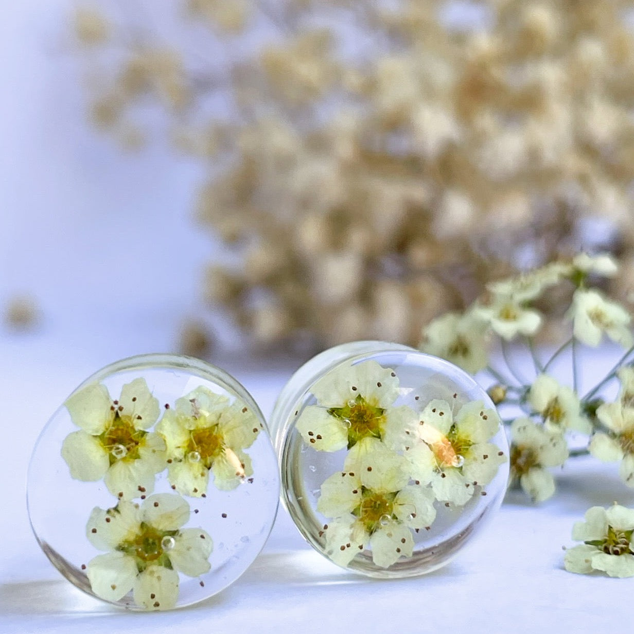 White and Yellow flower transparent ear gauges