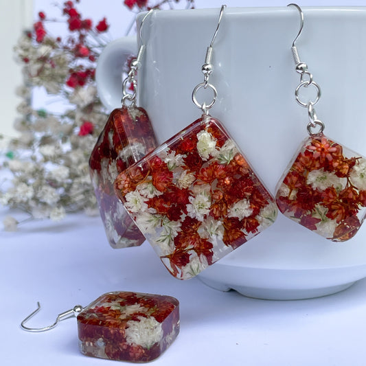 Red and white flower dangle earrings