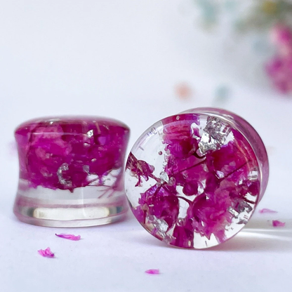 Dark pink flower ear gauges