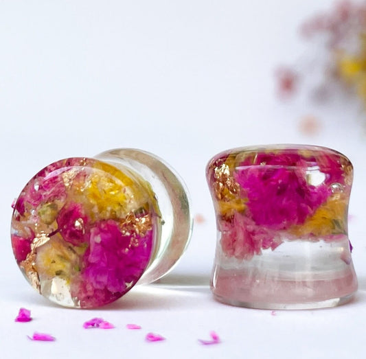 Pink and Yellow flower gauges with gold flakes