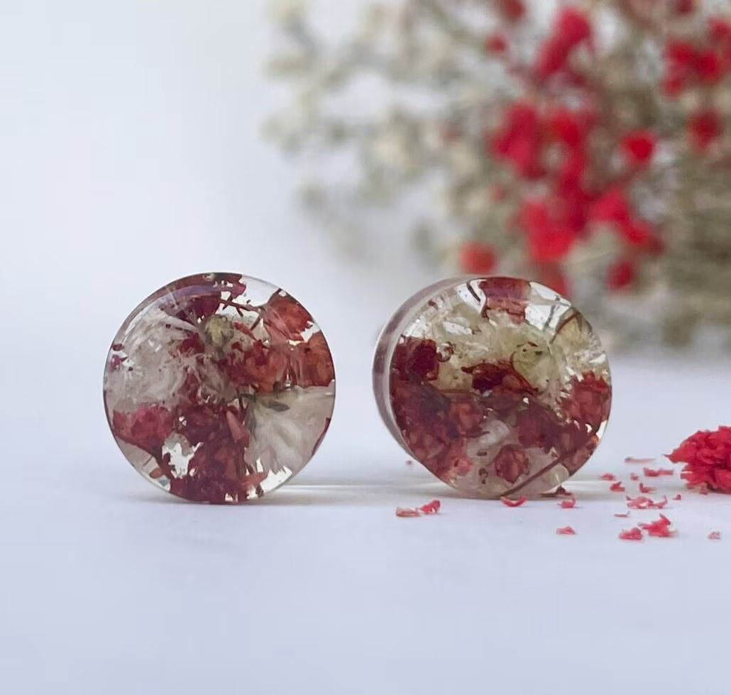 Dark red and White flower ear gauges