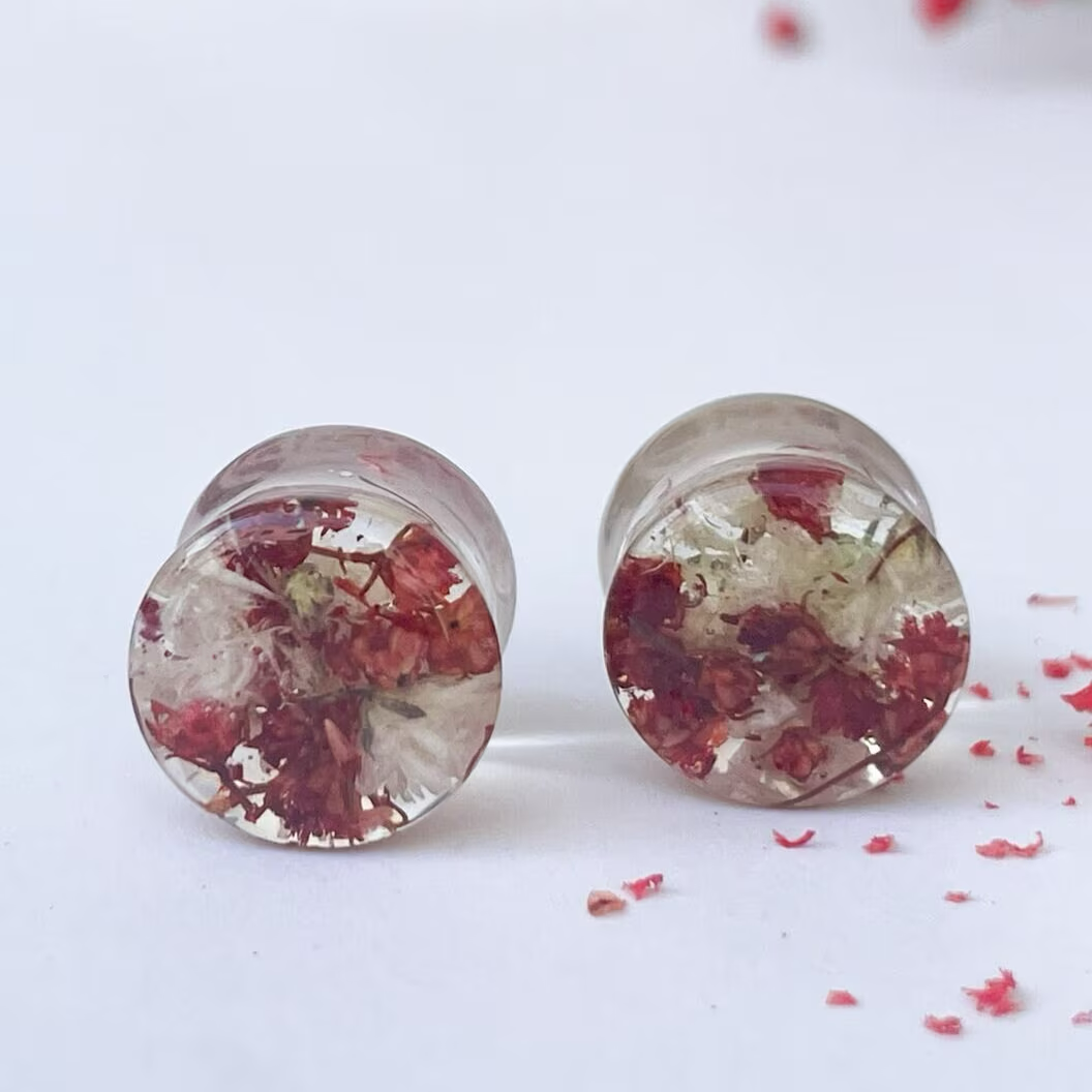 Dark red and White flower ear gauges