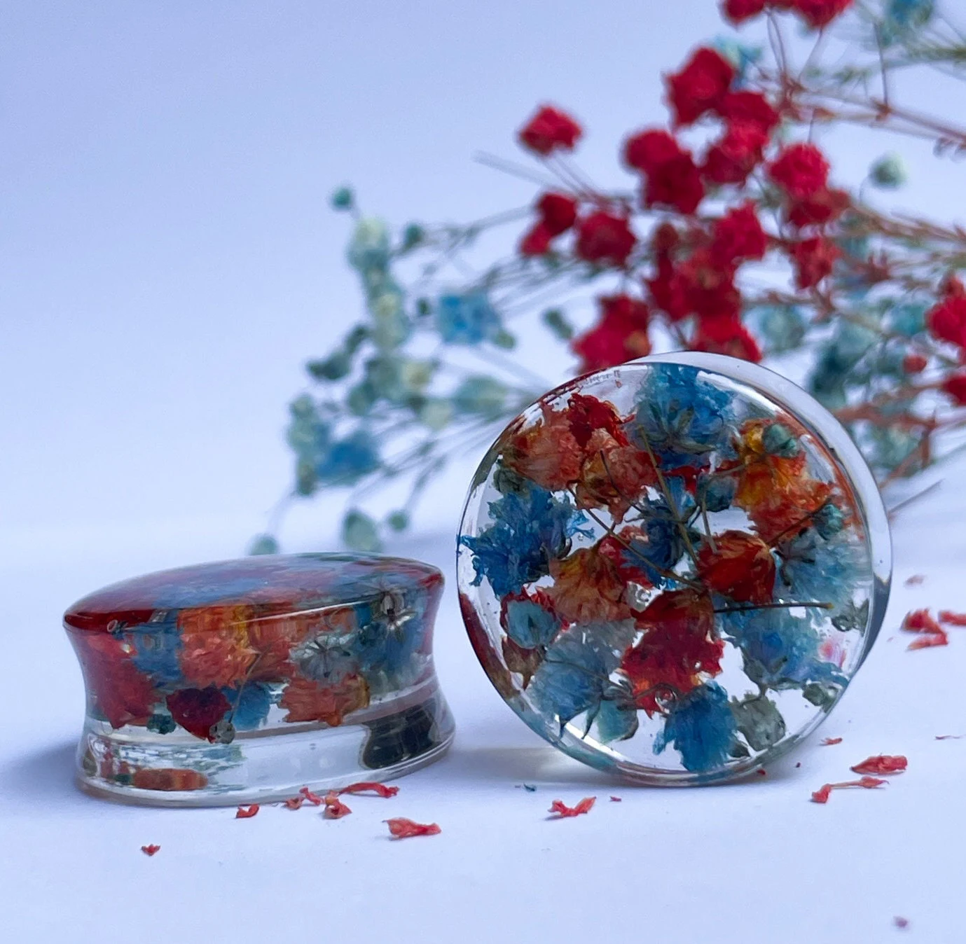 Blue and Red flower ear gauges