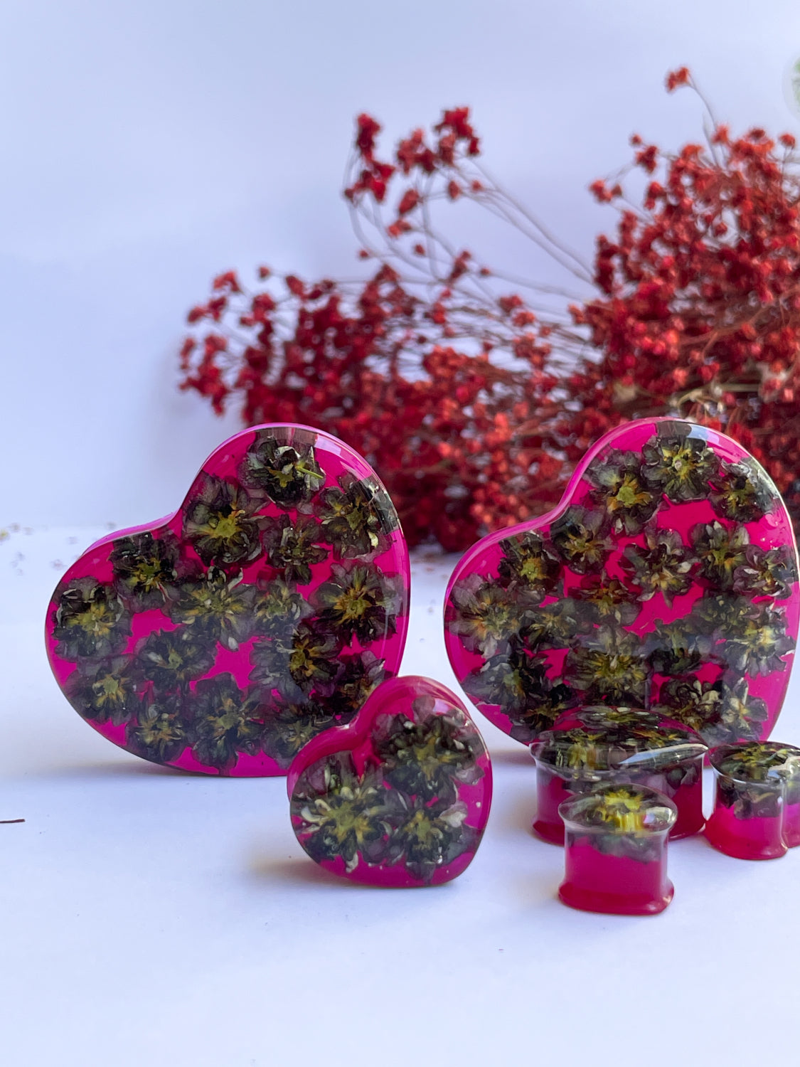 Bright Pink flower heart shape ear gauges