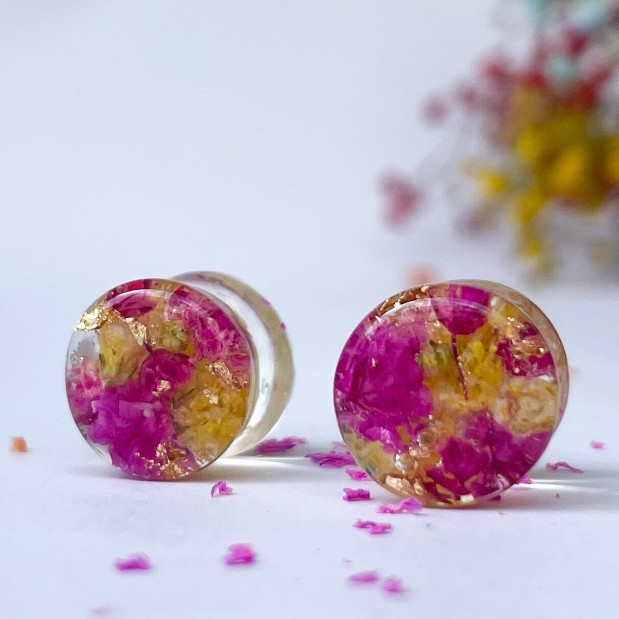 Pink and Yellow flower gauges with gold flakes