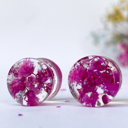 Dark pink flower ear gauges