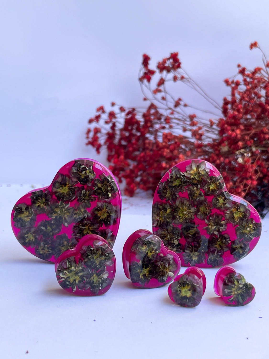 Bright Pink flower heart shape ear gauges