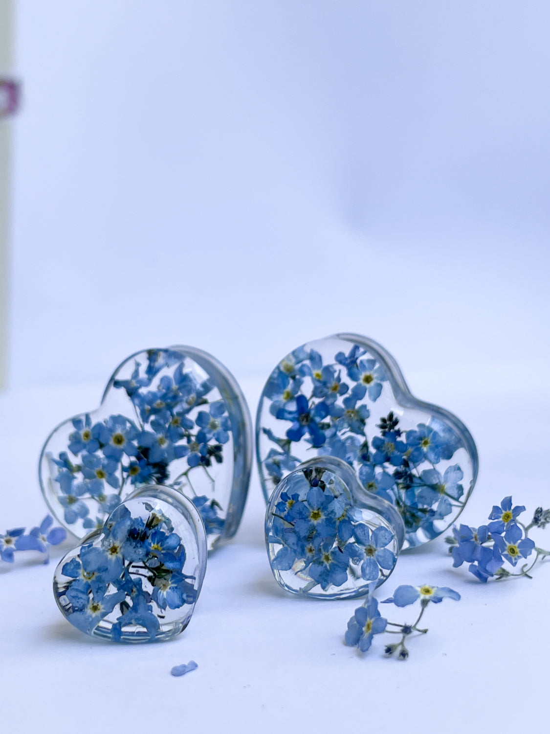 Forget me not transparent flower Heart shaped ear gauges