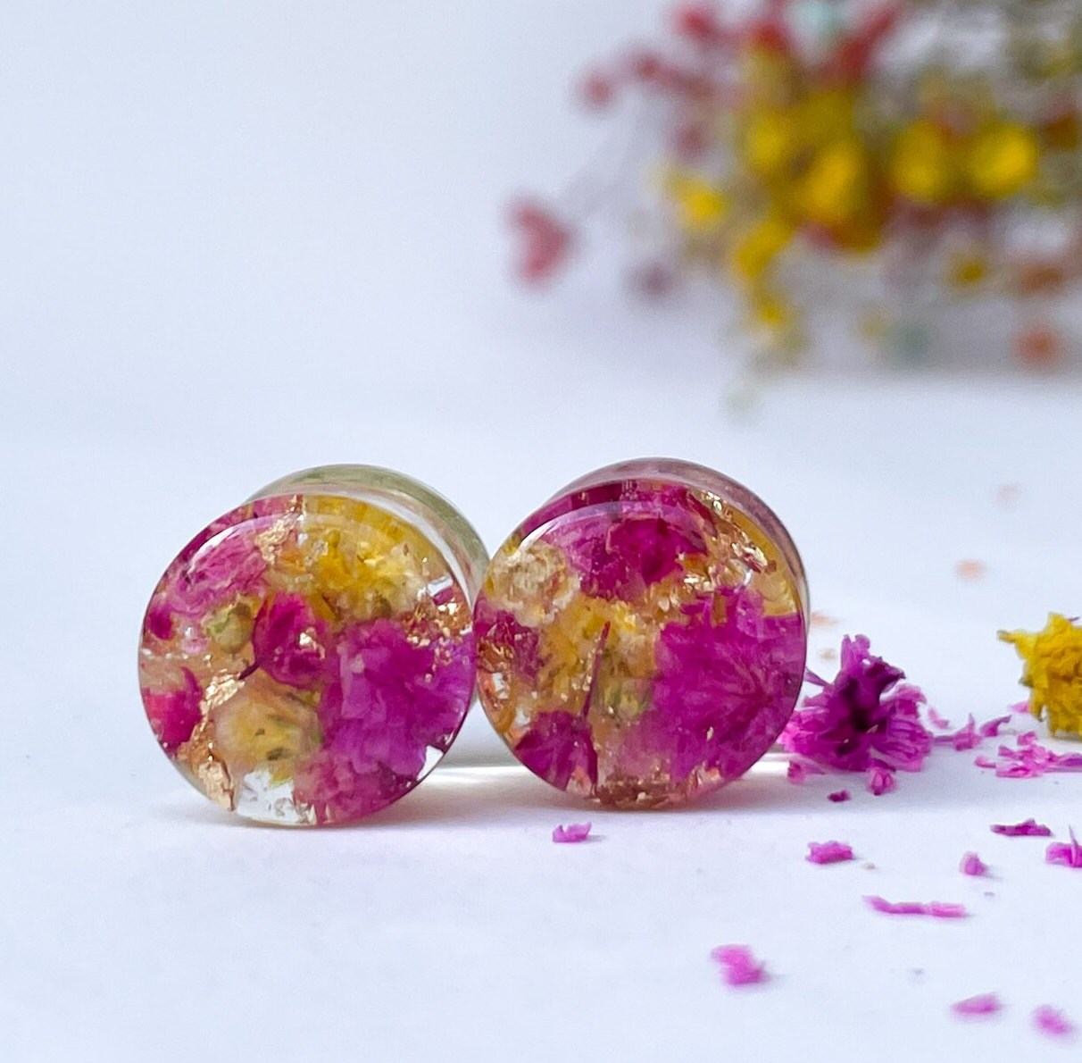 Pink and Yellow flower gauges with gold flakes