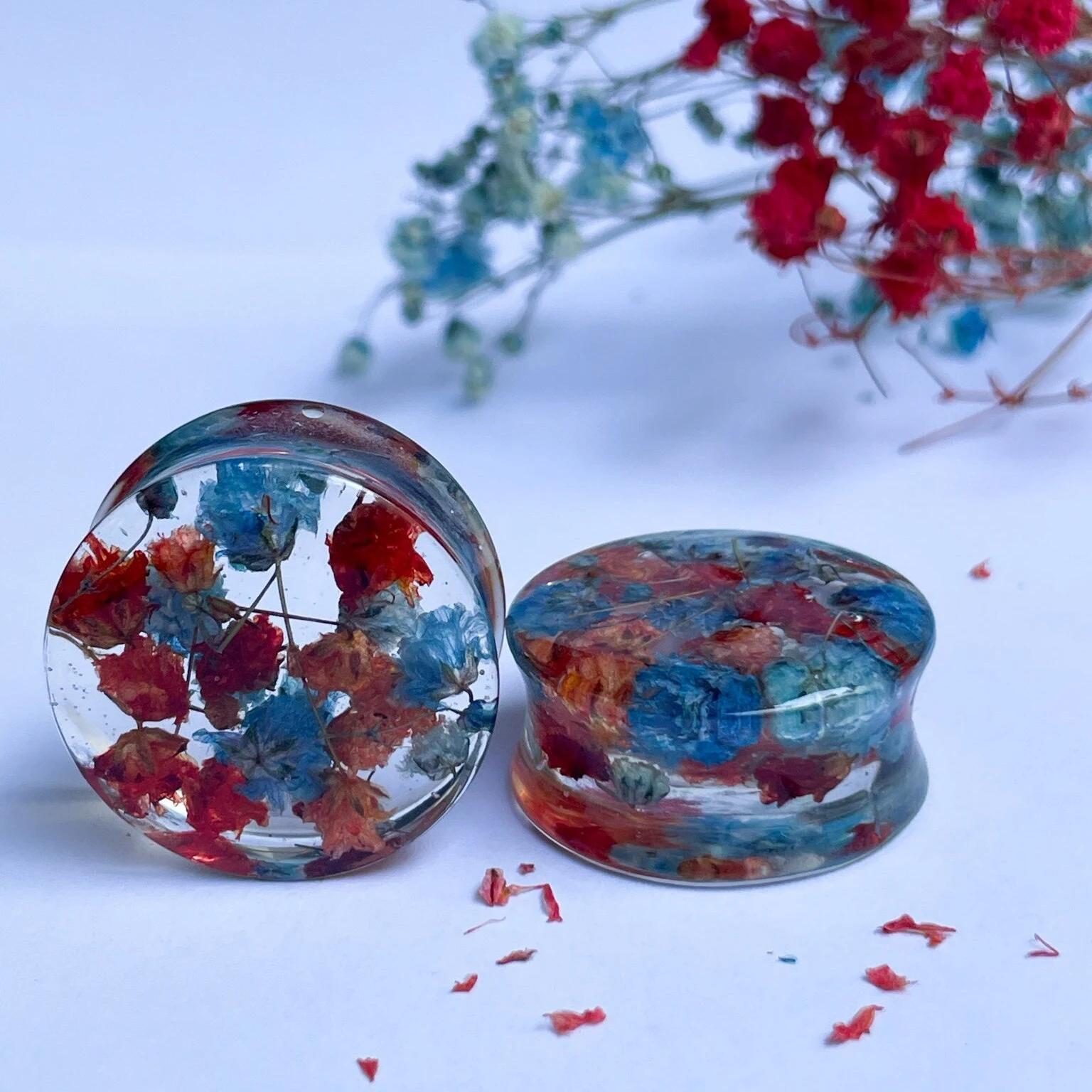 Blue and Red flower ear gauges