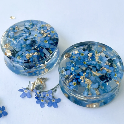 Real Dried forget-me-not flowers ear gauges with gold flakes