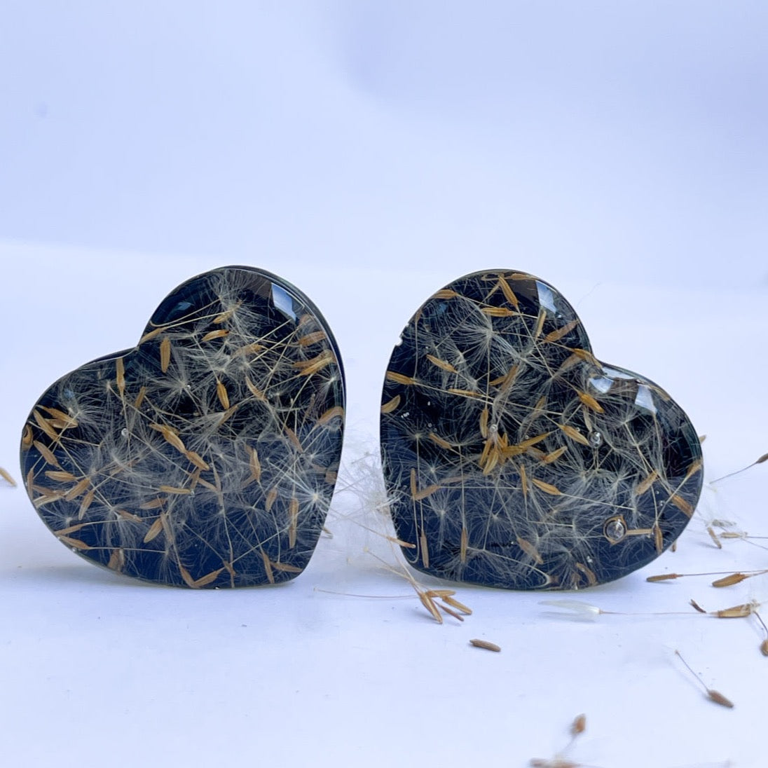 Dandelion seed black heart shaped ear gauges