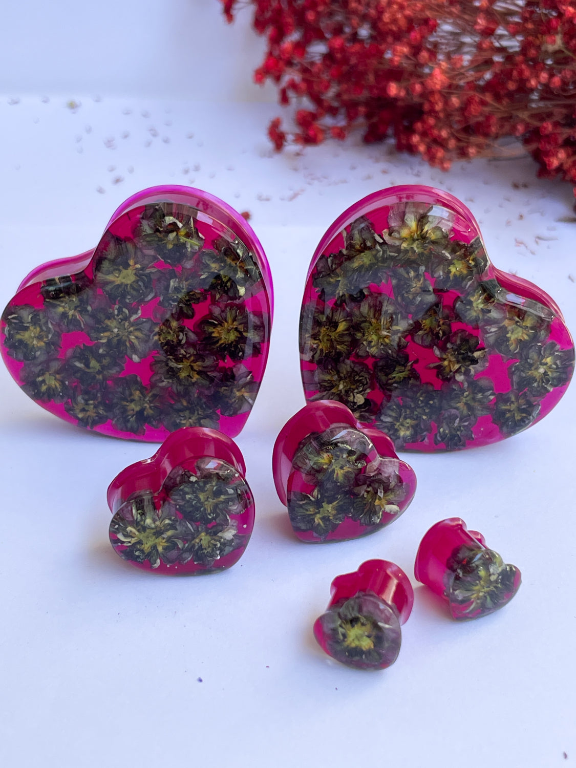 Bright Pink flower heart shape ear gauges