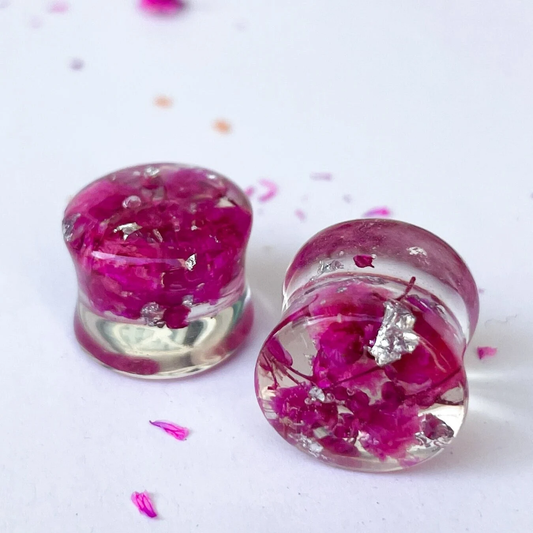 Dark pink flower ear gauges