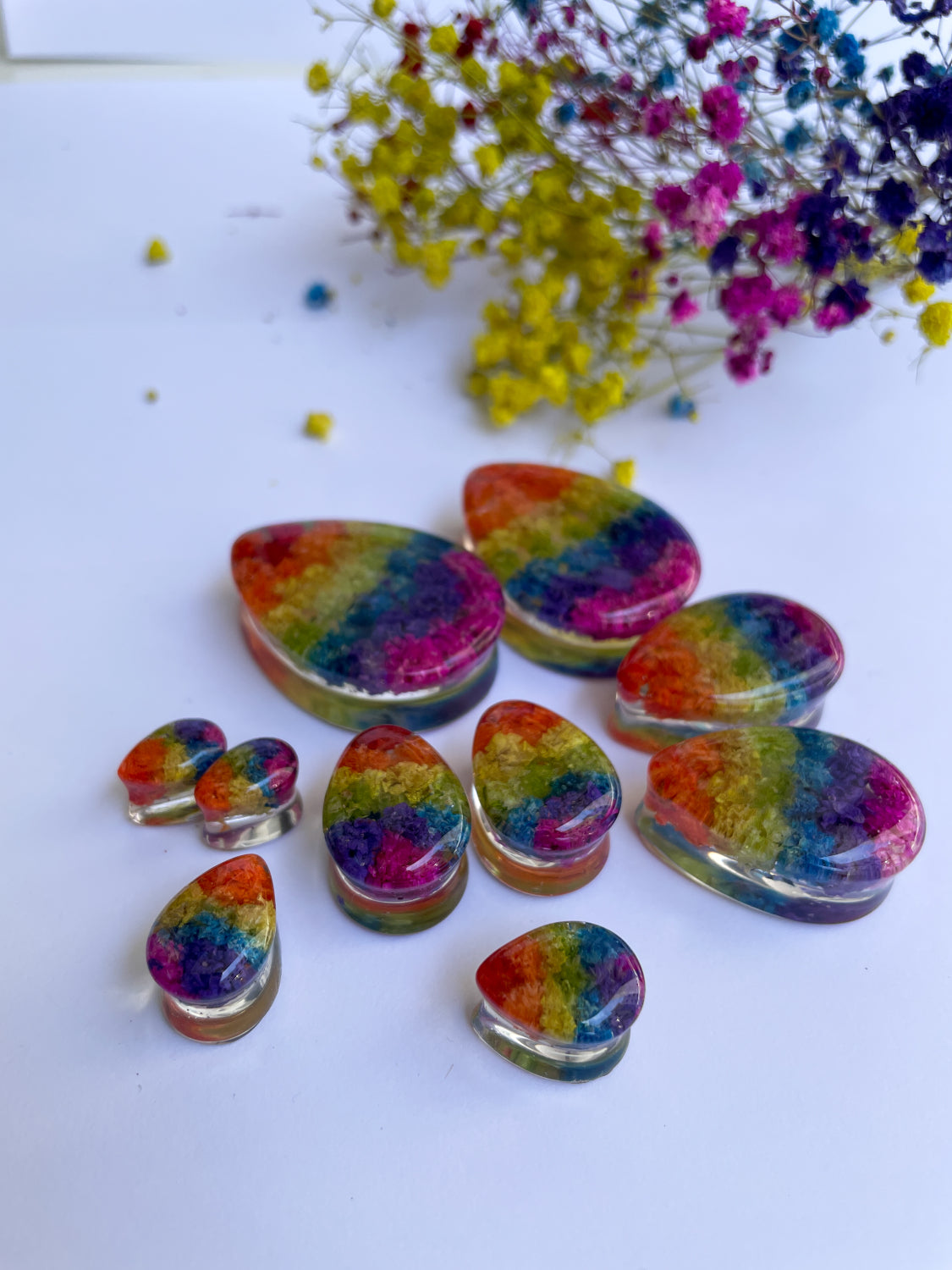 Rainbow teardrop ear gauges